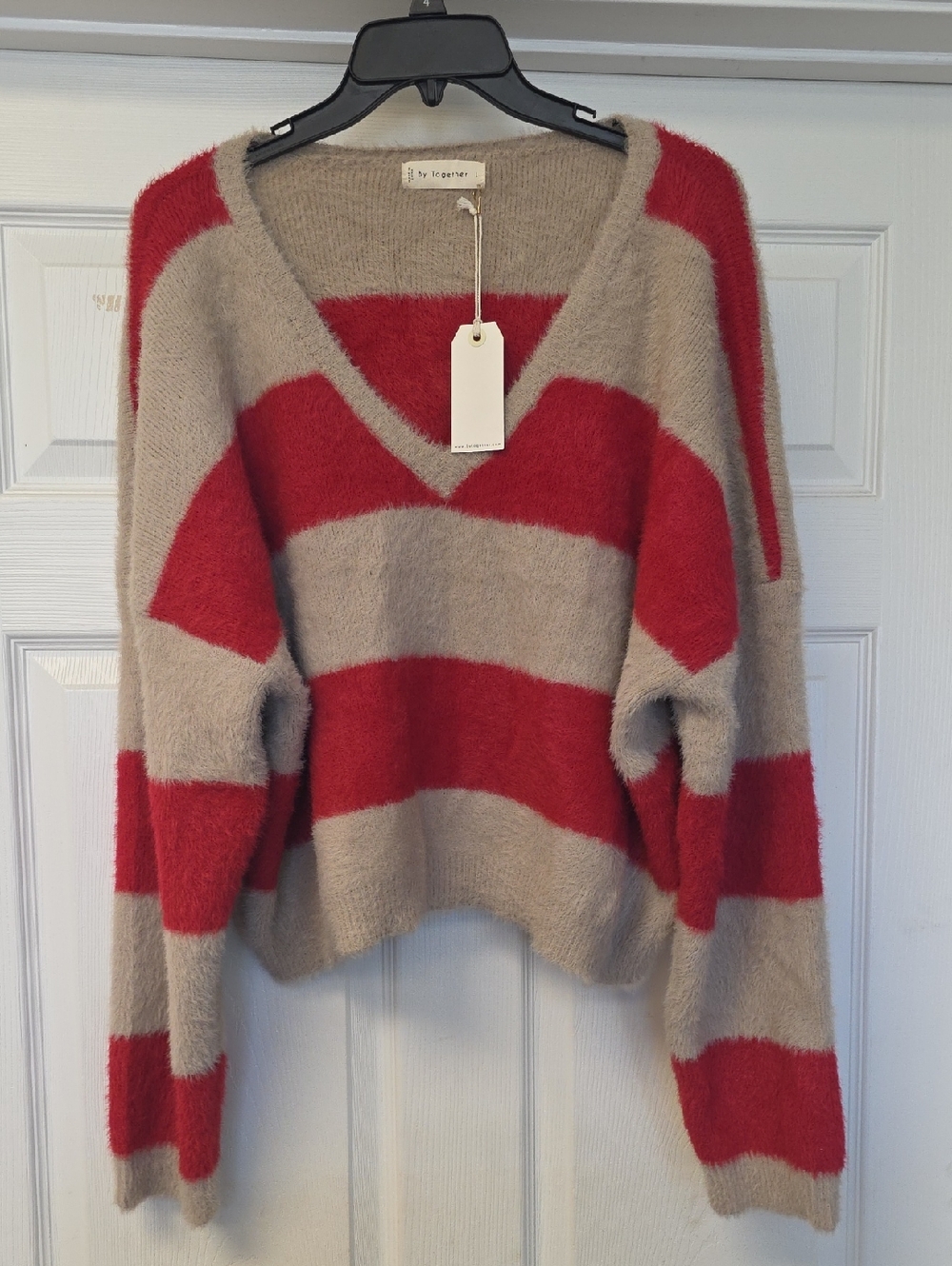 By Together Red and Beige Striped V-Neck Sweater